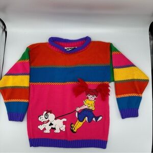 Vtg 90s Justin Charles Sweater Colorful Girl With Dog Retro Novelty Kidscore